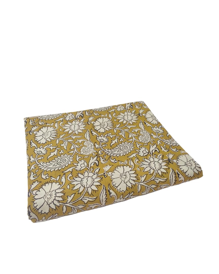 Pure Cotton Bagru Print Fabric by Meter | Ethnic Floral Print Unstitched Cloth for Women Dress, Kurti, Tops (Yellow, 5 Meter)-image-6