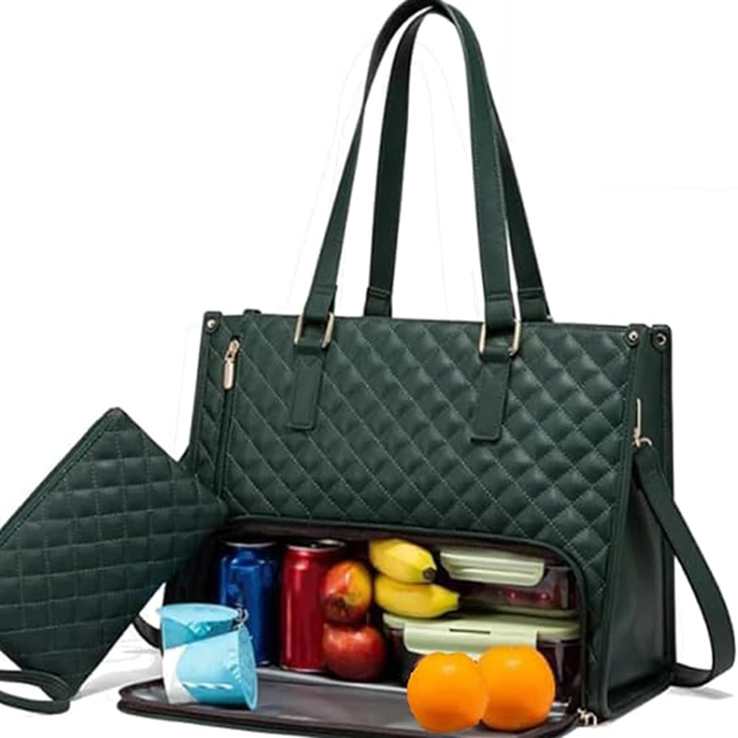 2 in 1 Tote Bag Lunch Bag Combo,Lunch and Office for Women,15.6 Inch Insulated Tote,Computer Handbags (Ink Green)