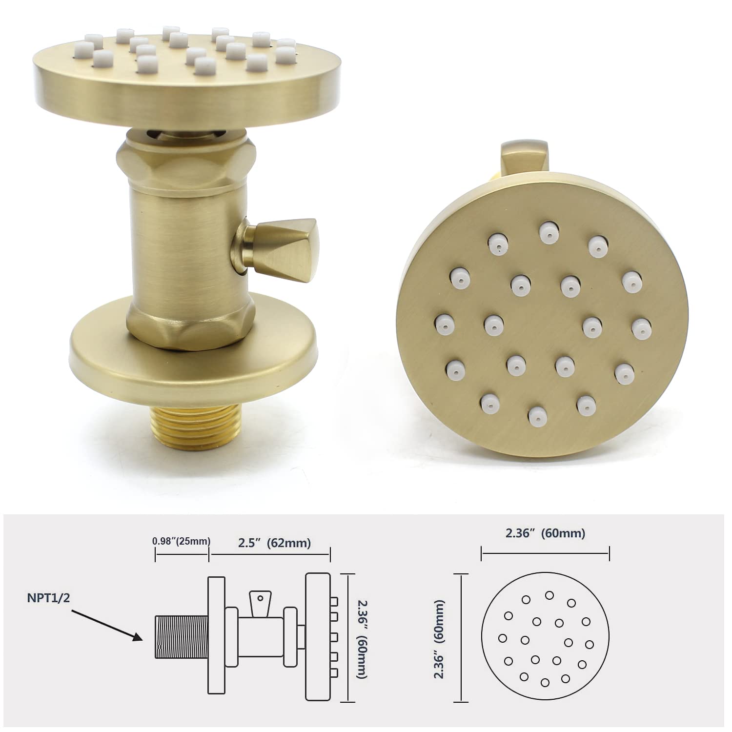 Massive Messing Duschkörper Düsen mit einstellbarem Durchfluss - Runde Massage Spa Dusche Sprühdüsen für verdeckte Wandmontage, Gebürstetes Gold
