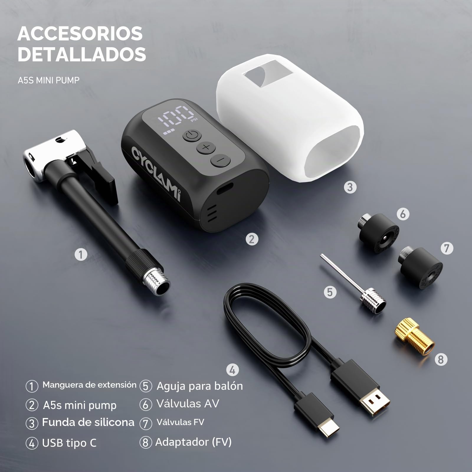 A5S Mini Bomba Bicicleta, Bomba de Aire Portátil para Bicicleta con Manómetro,100PSI Electrico Bicicleta con válvula Presta y Schrader,Parada Automática