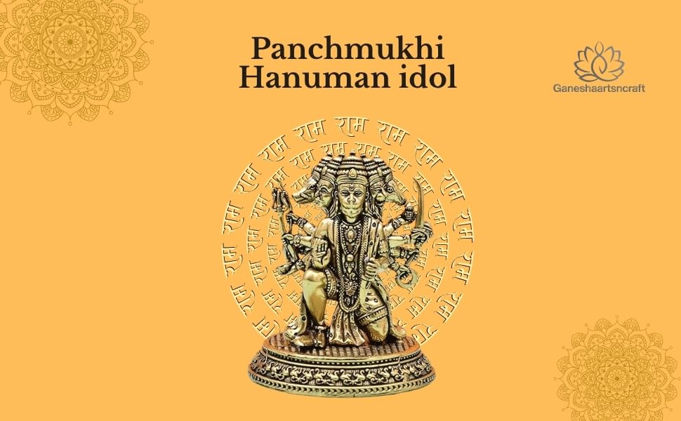 Image of Brass Panchmukhi Hanuman Statue Intricate Detailing Small Five-Faced BajrangBali Idol for Car Dashboard & Home Decor Pack of 1 (7 INCH)
