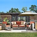 ovios Patio Furniture Set, 5 Pieces Outdoor Wicker Rattan Sofa Couch with Ottomans and Comfy Cushions, All Weather High Back Conversation Set for Backyard Porch Garden, Orange Red