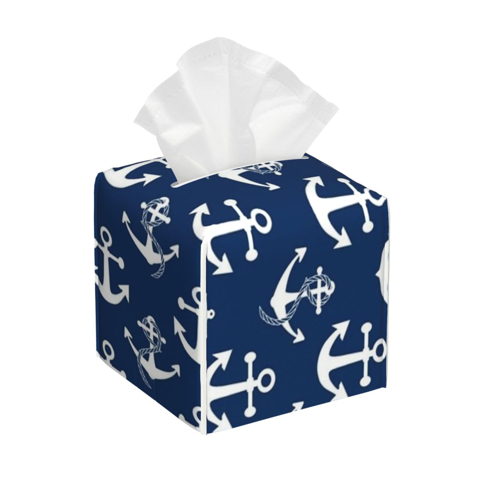 Sail Boat Anchors Tissue Box Cover 5" Square Leather Tissue Holder Facial Tissue Case for Tabletop Bedroom Bathroom Desk Decor