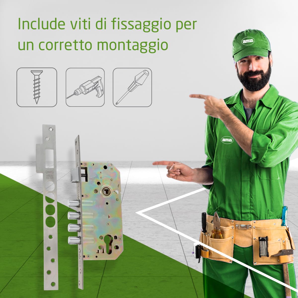 Amig - Serratura | Serratura da infilare con catenacci per porte | Acciaio | 50/85mm | Acciaio inox opaco | Senza cilindro e protezione di sicurezza | Chiusura reversibile