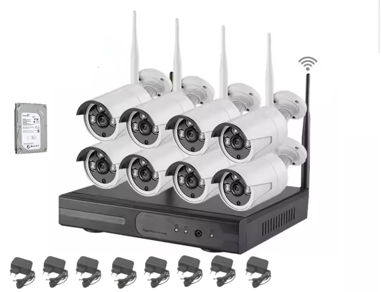 Kit Videosorveglianza 8 Telecamere Canali 5G DVR NVR HD da Interno ed Esterno Impermeabili + Hard Disck da 500GB per Registrare immagine Video, Completo di Mouse Alimentatori Wi-fi Visione Notturna
