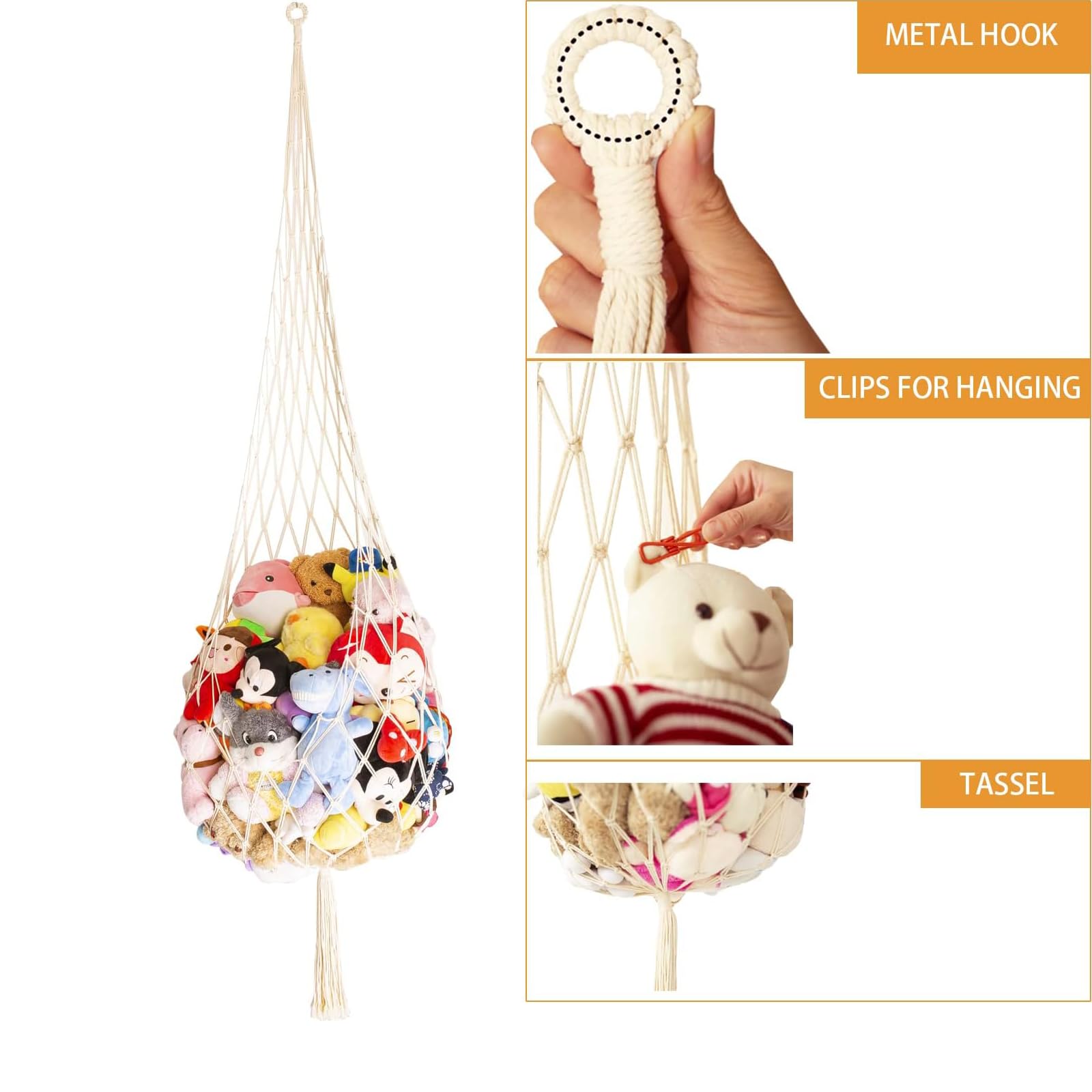Filet de Rangement pour Animaux en Peluche, Hamac Peluche sac Rangement Jouet, Chambre à Coucher Jouets D'angle, pour Coins de Chambre, Murs et Plafonds, Livré avec 1 Crochet, Blanc