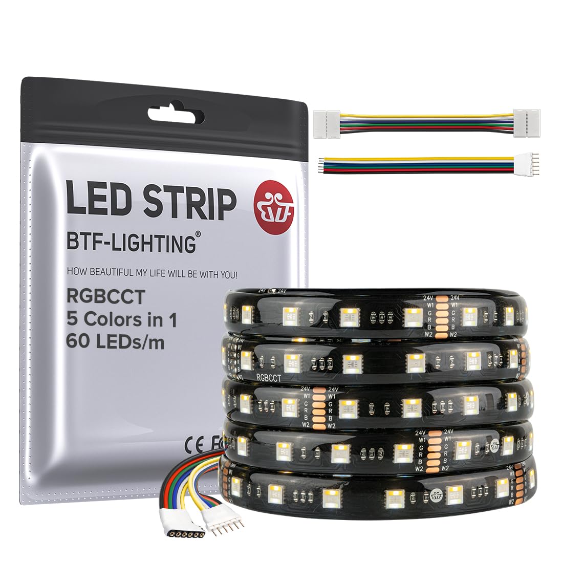BTF-LIGHTING RGBCCT 5 Colors in 1 5050SMD LED Strip DC24V 5M 60LEDs/m 300LEDs RGB+Warm White+Cold White Black PCB IP65 Waterproof for Room Kitchen Decoration(Controller and Power Supply Not Included)