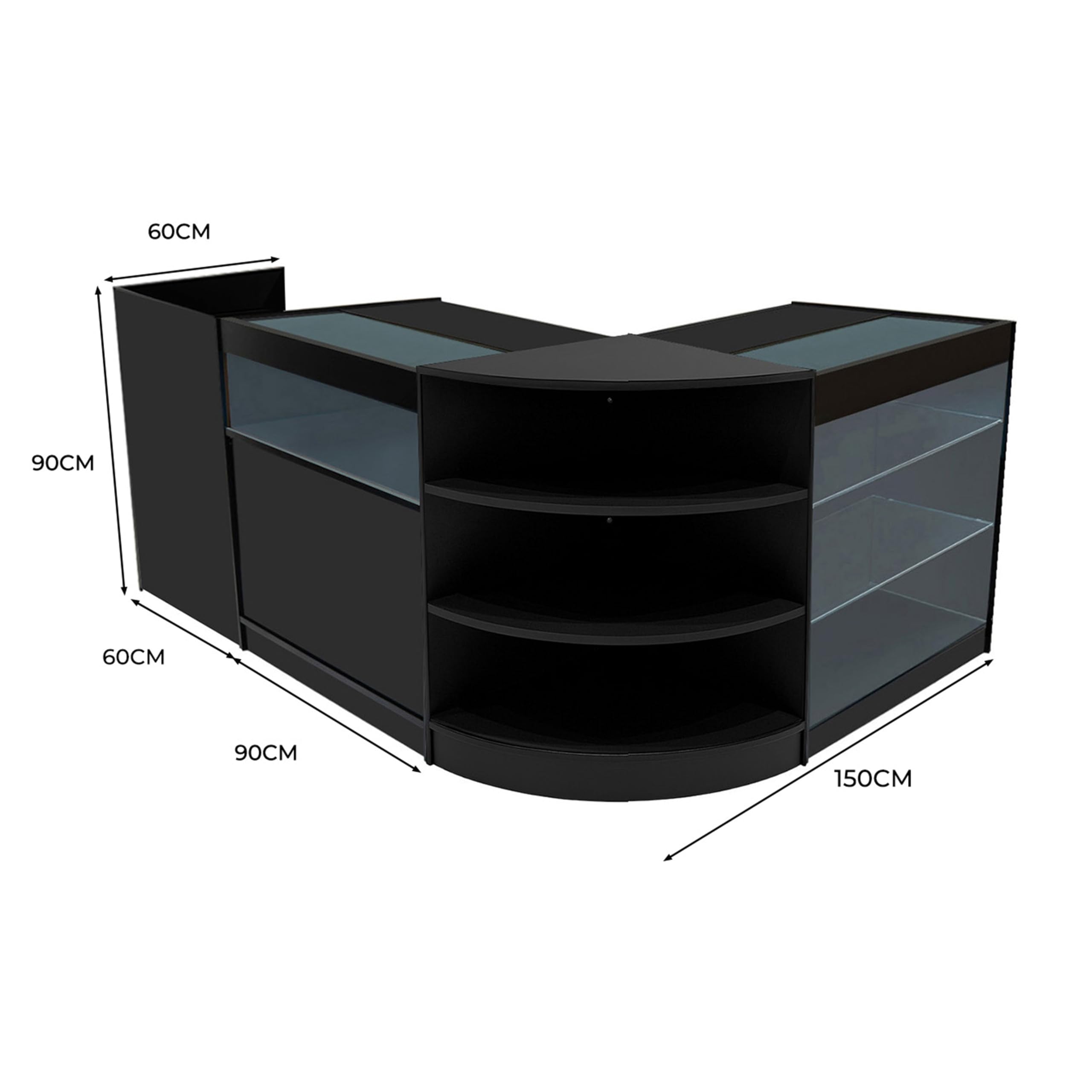 Set Banconi Nero Hyperion LED K900 B900 LM60 TB60 con Illuminazione Bianca, Serrature, Vetrina in Vetro, Blocco Cassa e Mensole Interne per Negozi e Boutique