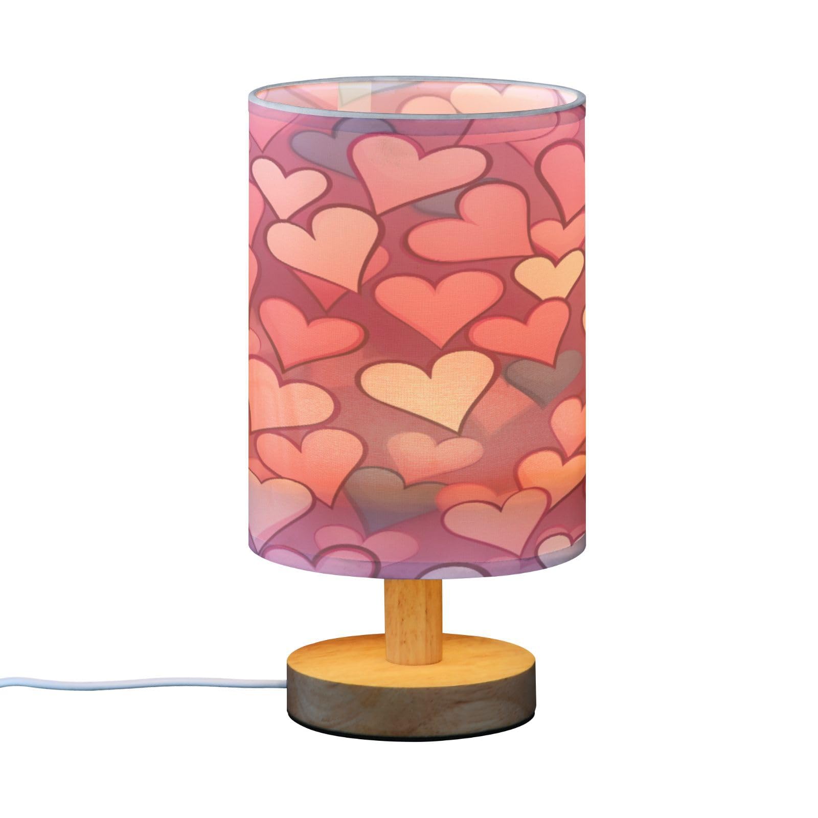 SDMKA Pink Hearts Bedside Table Lamp for Bedroom, Minimalist Nightstand Lamp with Round Fabric Shade for Living Room, Office, No Bulb Required