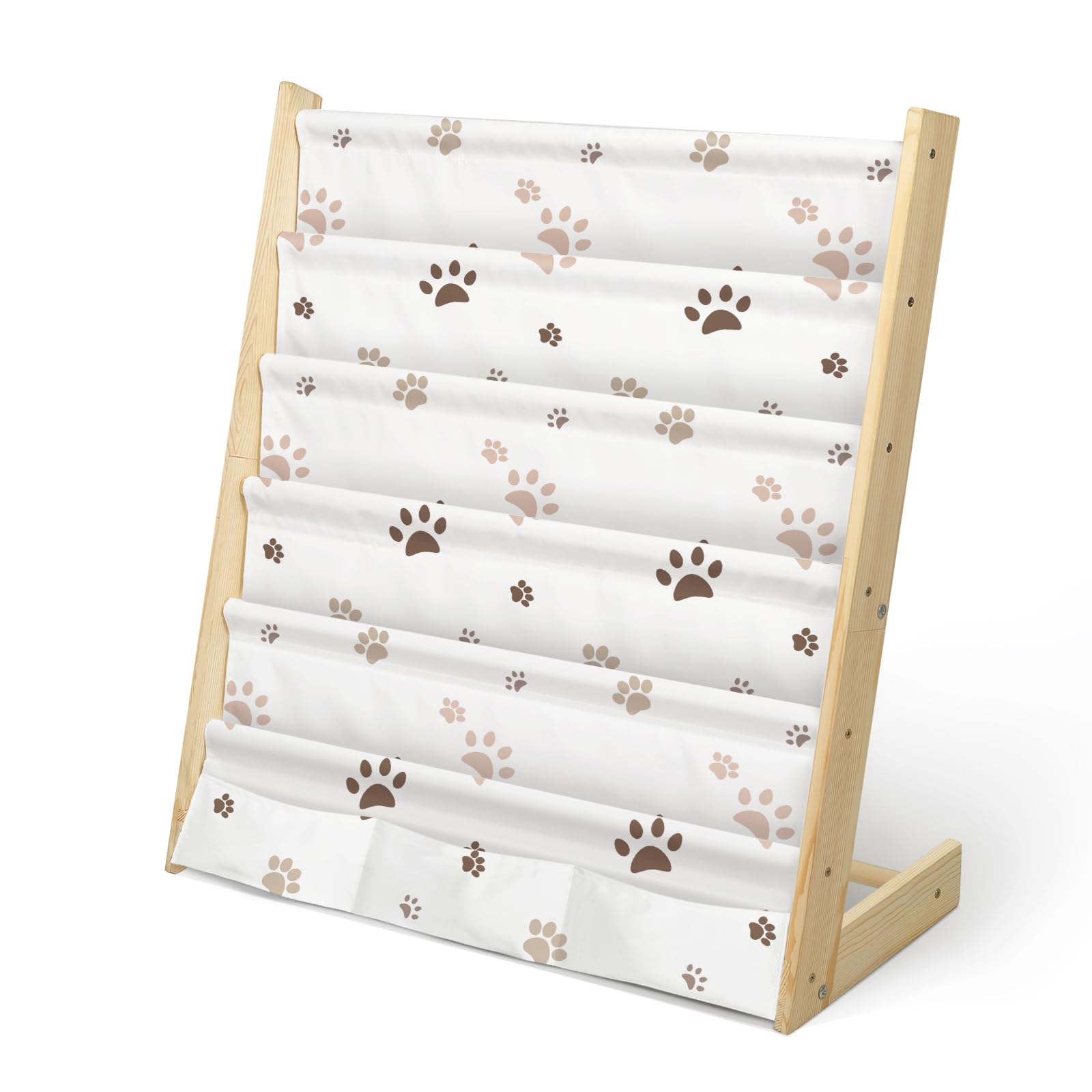 wooshwa Estanteria Libros Infantil, Librería Montessori Infantil con 5 Capas, 3 Bolsillos con Mangas Profundas, Madera, 63 * 30 * 73cm (Huellas de Animales)