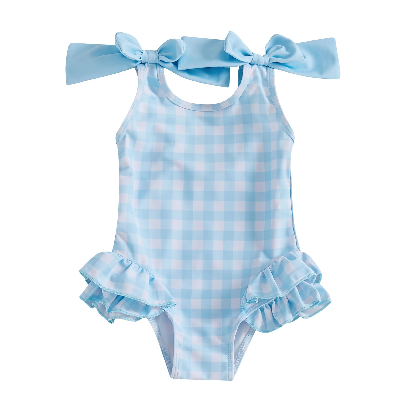 Motlapol Toddler Girl Bow Swimsuit Sleeveless Crossover Backless Ruffle Trim Bathing Suit Little Kid Strap One Piece Swimwear (Plaid Sky Blue, 2-3 Years)