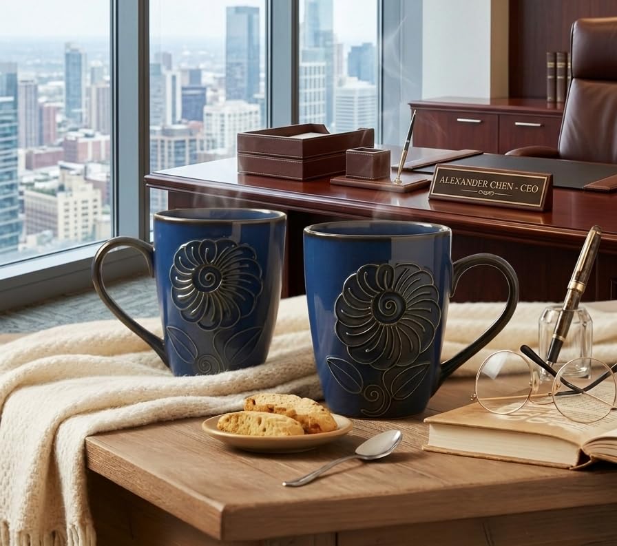 Image of Glossy Blue Embossed Floral Ceramic Tea /Coffee Mug Set of 2 (330 ml) | Microwave & Dishwasher Safe |Premium Ceramic Mugs for Home, Office & Gifting