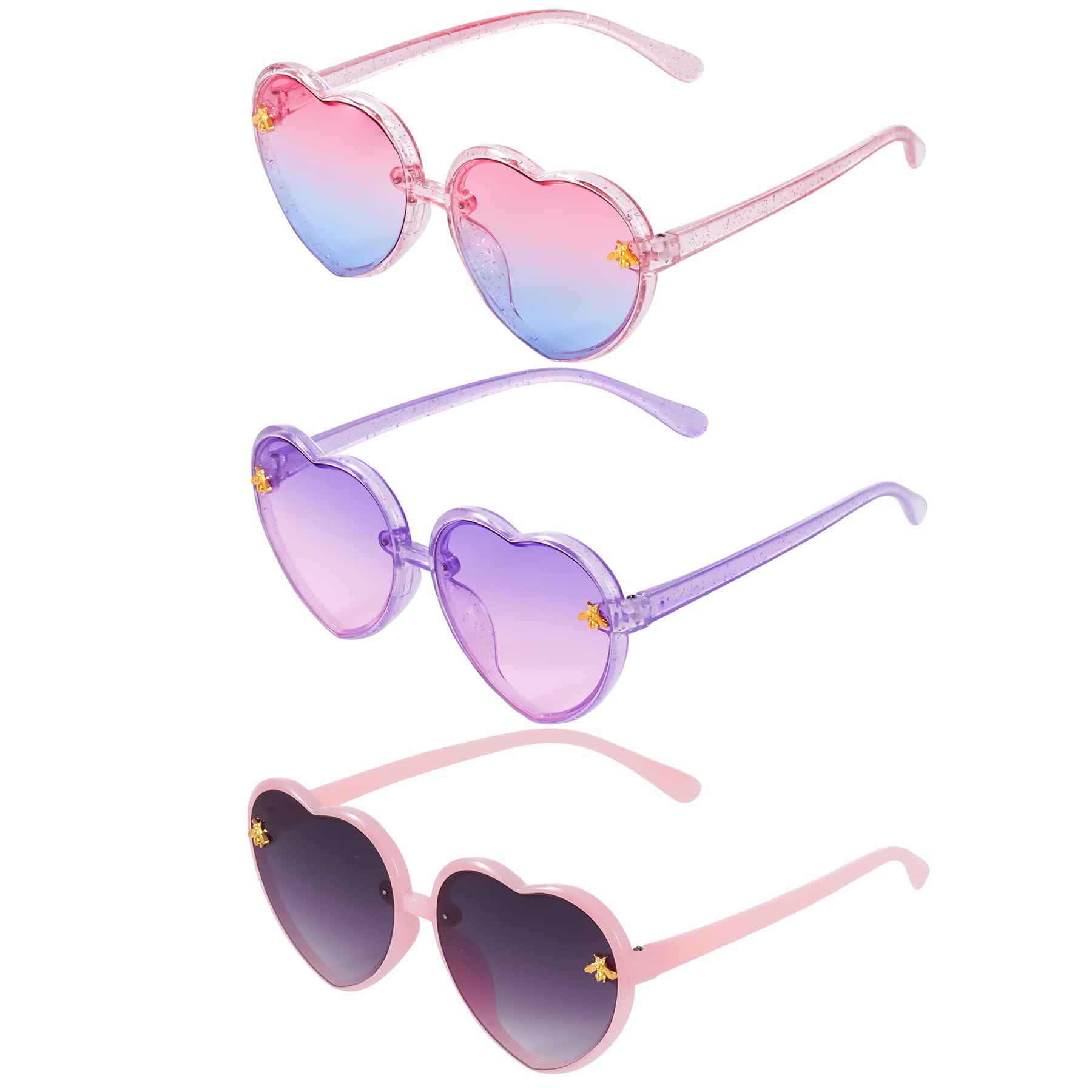 obmwang 3 Pieces Kids Heart Shaped Sunglasses Stylish Cute Bee Sunglasses for Toddler Girls Age 3-10 Outdoor Beach Eyewear