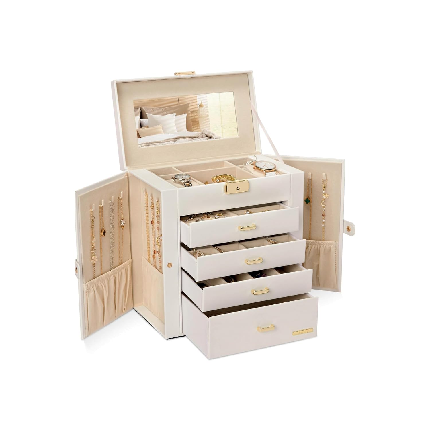 Avilia - Portagioie Moderno Donna Funzionale, Specchio Integrato, 4 Cassetti, Organizer Capiente e Antigraffio con Scomparti Regolabili, Ideale come Regalo Elegante