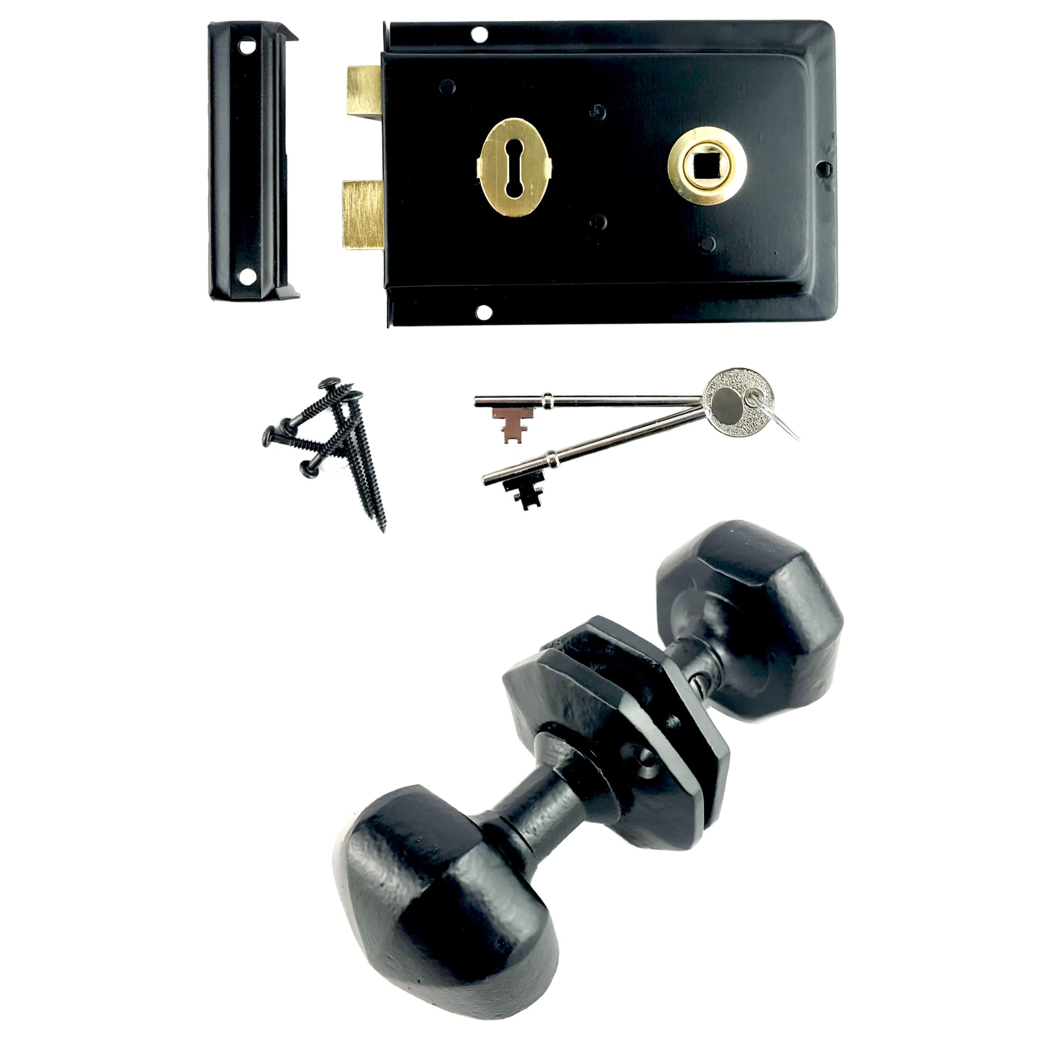Rim Lock and Cast Iron Door Knobs Ball Oval Octagonal Black Traditional Cottage Set (Octagonal Handle) - 50mm Dia x 135mm