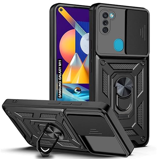 AESTMO Tough Armor Samsung Galaxy M11 Bumper Back Case Cover Ring Holder & Sliding Camera Shield Cover 360 Degree Protection Back Case Cover for Samsung Galaxy M11 (Black)