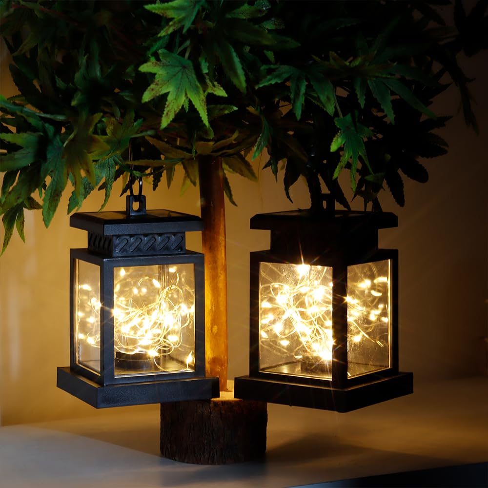 JHY DESIGN Zestaw 2 latarni solarnych LED do użytku na zewnątrz, dekoracyjne solarnie z uchwytem, LED lampa wisząca, dla ogrodu, tarasu, patio, balkonów (Z uchwytem)