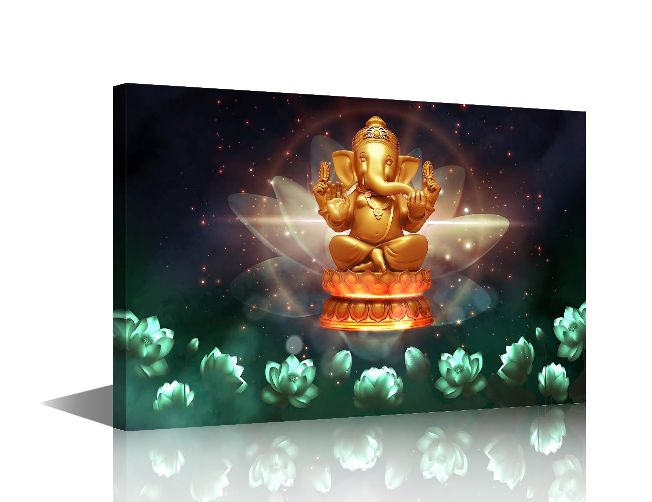 Hindu God Canvas Wall Art Golden India Elephant God Pictures Prints on Canvas for Living Room Bedroom Wall Decoration Framed Stretched Ready to Hang 24x16inch โ image 1