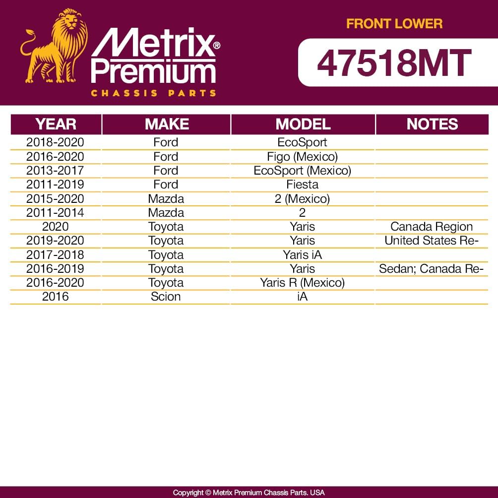 Metrix Premium Chassis Parts - Front Lower Ball Joint Fits 18-20 Ford EcoSport, 16-20 Figo (Mexico), 11-19 Fiesta, 15-20 Mazda 2 (Mexico), 19-20 Toyota Yaris, 17-18 Yaris iA, 532-643, Made in Europe