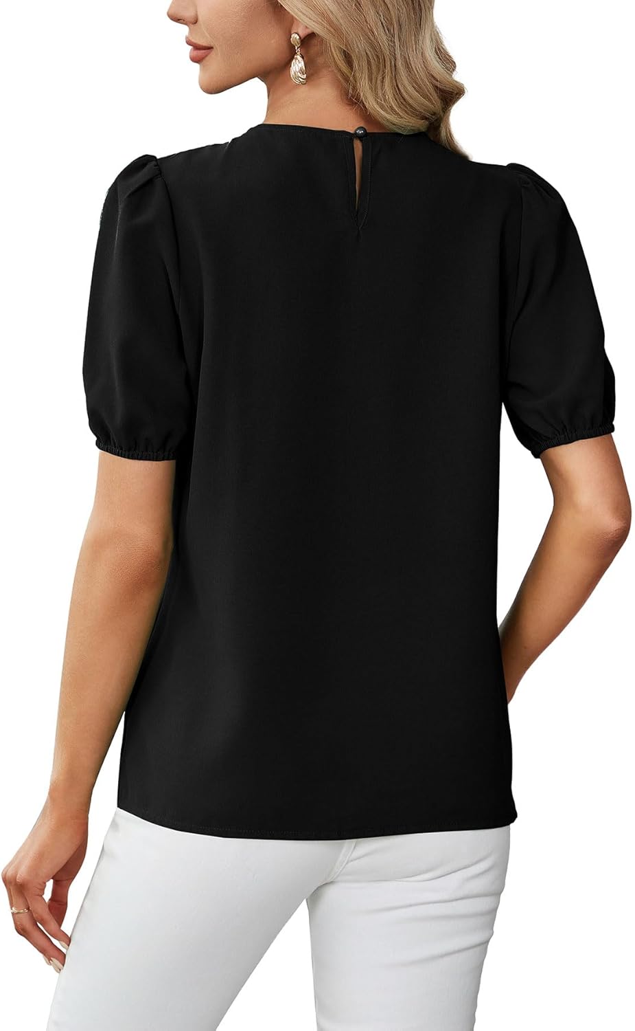 OPOIPIN Women's Pleated Crew Neck Puff Short Sleeve Blouse Shirt Top - Image 2