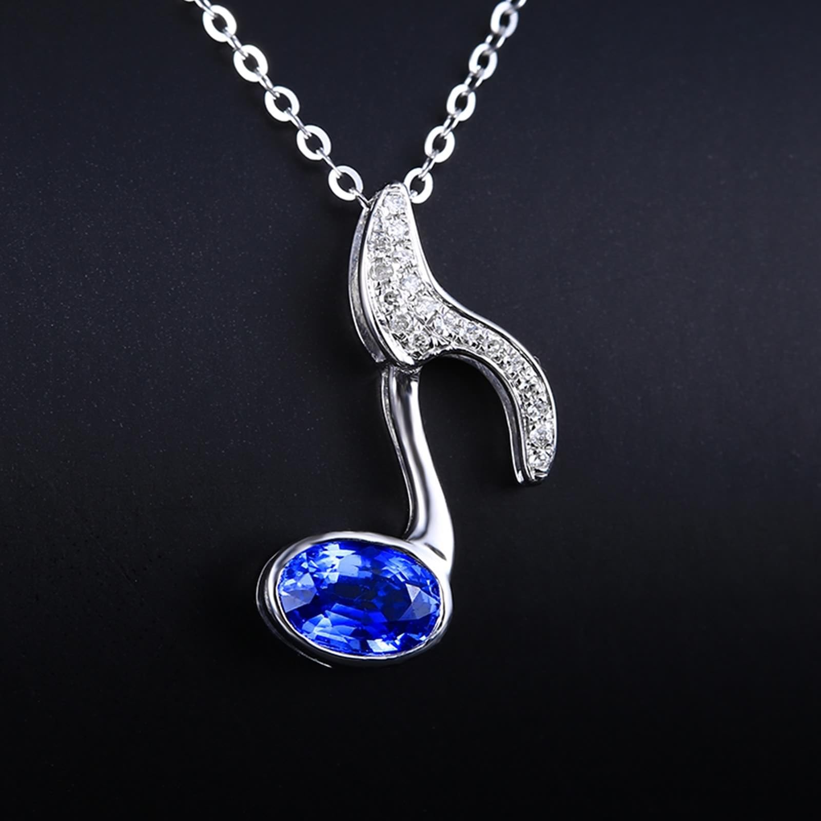 Naszyjnik damski z białego złota 18 K 750, 0,75 ct, szafirowy łańcuszek, niebieski, notacja muzyczna, łańcuszek damski, modna biżuteria 750 białe złoto z moissanit, długość 46-49 cm, 18
