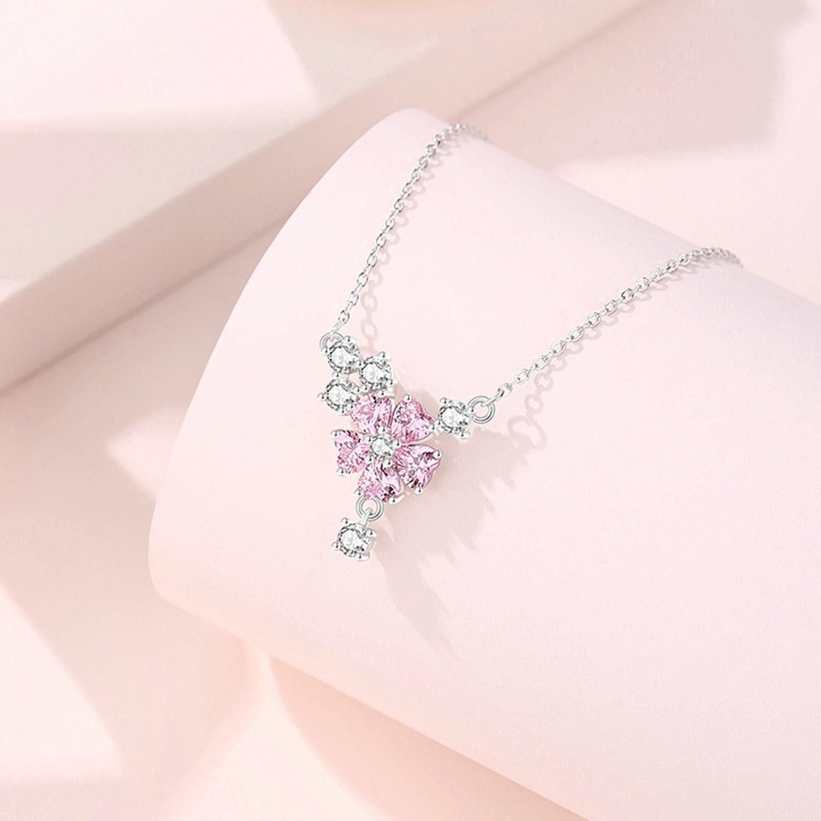 Collar de oro de 9 quilates con zafiro rosa creado en laboratorio y moissanita para mujer, collar de oro blanco para mujer, flores