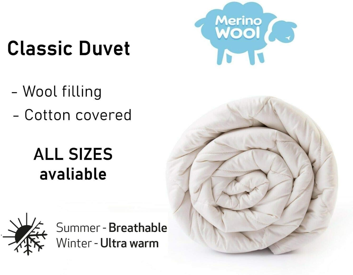 Merino Wool Classic Super King Duvet 102" x 102, 220 x 260 cm, 500gsm, 10.5TOG, White, Perfect for Gift, Camping, Reading, Napping