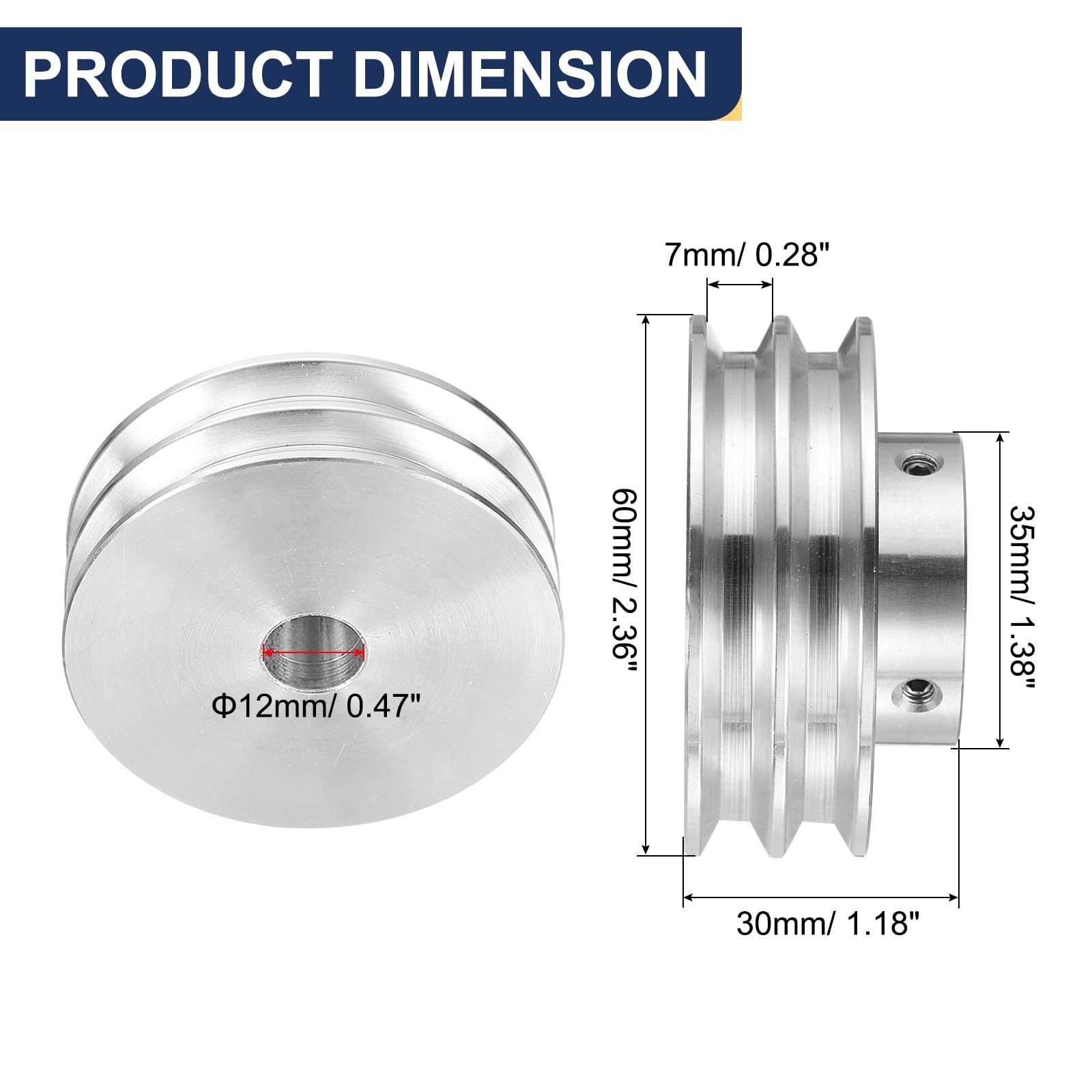 QUARKZMAN V-Typ Riemenscheibe 12mm Bohrung Doppelrillen Keilriemenscheibe | Aluminiumlegierung, 60mm Außendurchmesser, für Motorwellen-Bohrmaschine 6mm(1/4") PU-Formgürtel
