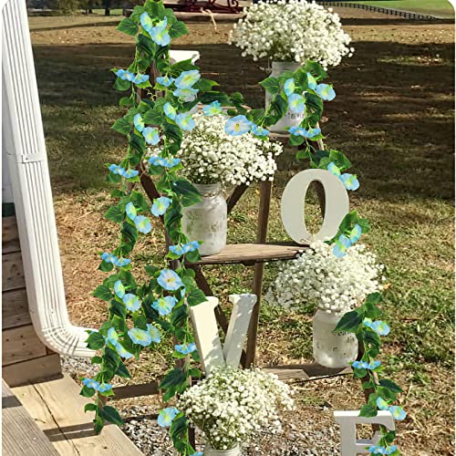 Cisdueo 2 Pcs Artificial Vines For Outdoors Silk Morning Glory Vines 15Feet Hanging Plants Blue Flowers Garland Fake Green Plant Morning Glories For Home Decor Wall Fence Wedding Hanging Baskets #TOP3