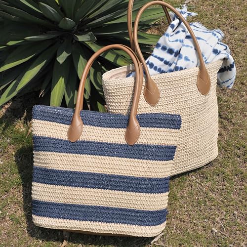 Bolso Tote de mujer de paja sintética a rayas ligero miniatura 6