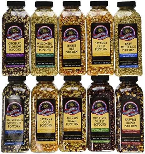 Fireworks Organic Popcorn Kernels - Assorted Gourmet Heirloom Variety Pack โ 10 Bottles (15 oz Each) - For Popcorn Makers, Stovetop, or Air Popper - Non-GMO, Natural Snack Sampler Case