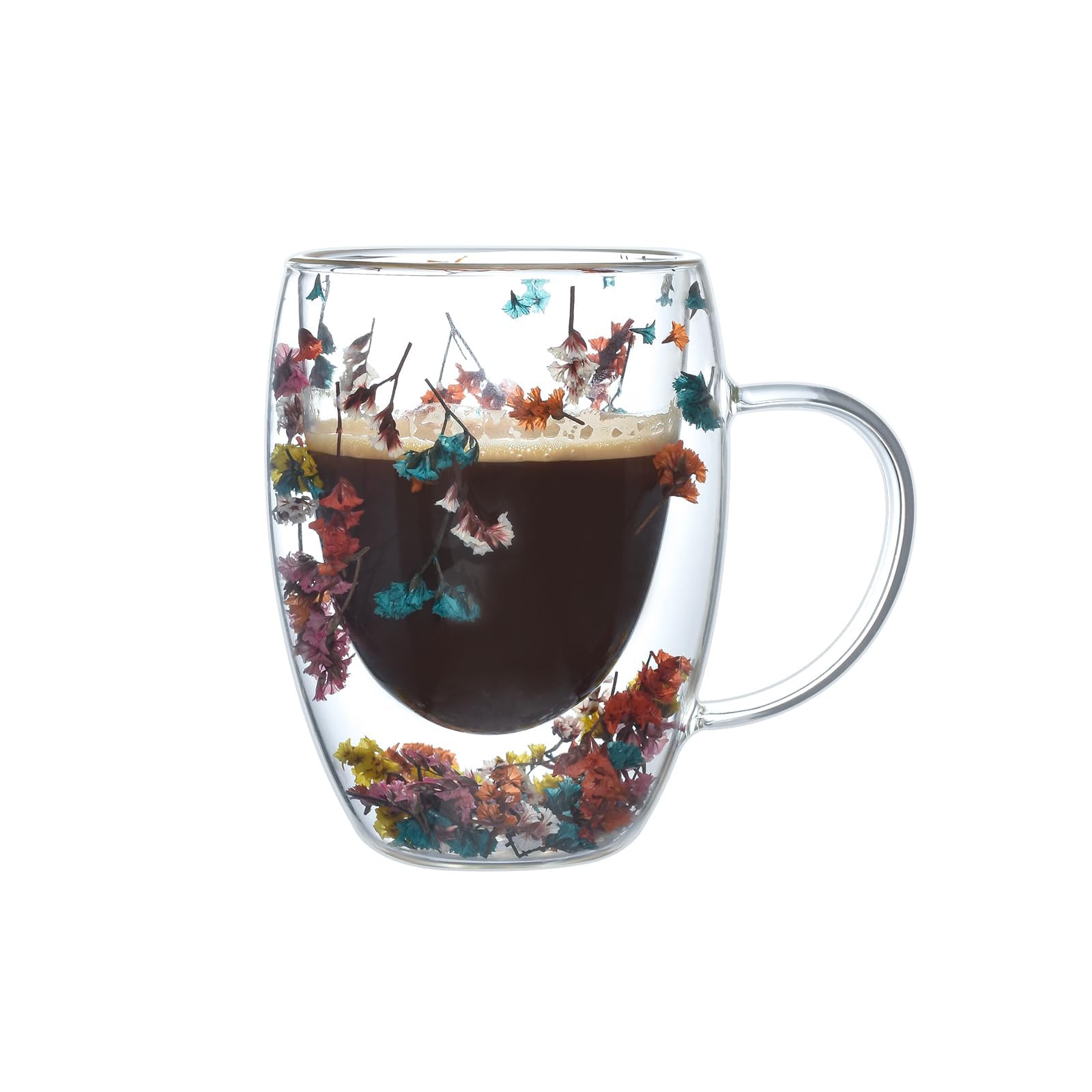 TERRIFI Double Walled Glass Coffee Mug with Handle, Insulated Layer Coffee Cup, Demitasse Clear Cups with Flower, Perfect for Cappuccino Tea Latte Espresso Hot Beverage (Colorful Flower 300ml)