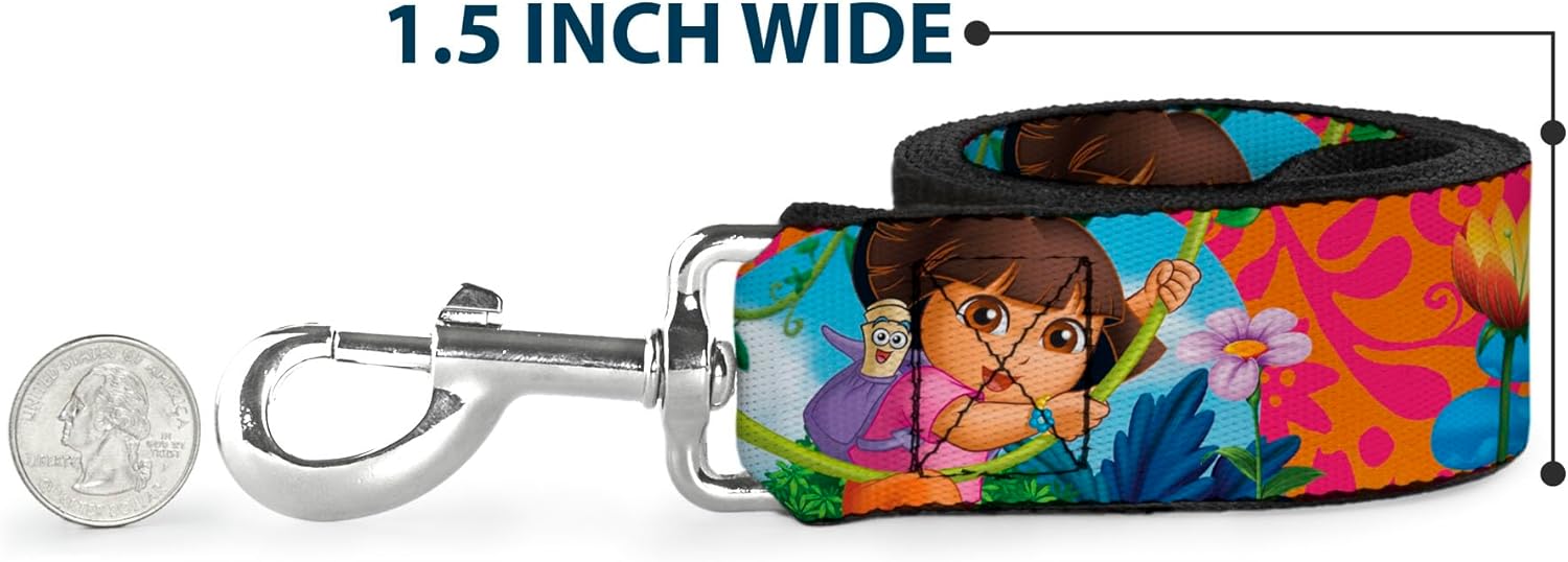 Dog Leash Dora The Explorer Dora Poses Floral Collage Orange Pink 6 Feet Long 1.0 Inch Wide