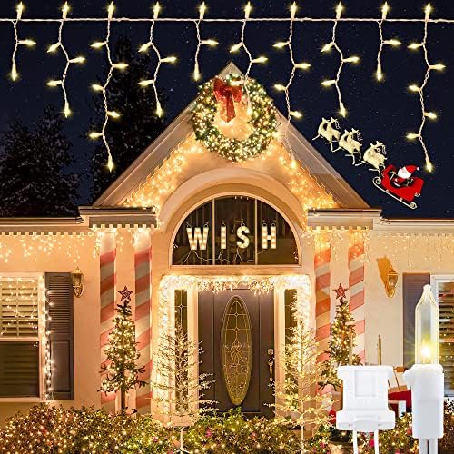 oopswow YOUNGAR 23FT 200 Clear Icicle Lights Outdoor, Connectable Icicle Christmas Lights, Plug in Curtain String Lights for Indoor Wedding Party Holiday Xmas Yard Patio Window Decorations