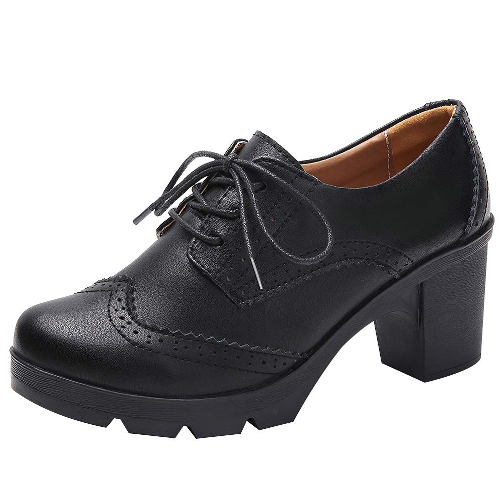 Mujer Tacón de Bloque con Cordones Brogues Derby Pumps Zapatos de Vestir