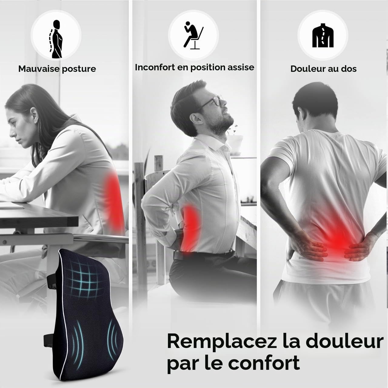 Comfortpad Coussin de soutien lombaire | Mousse à mémoire de forme pour soulager les douleurs dorsales | Soutien complet du dos | Pour chaise de bureau, voiture et maison | Housse en maille respirante