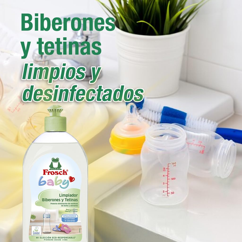 Frosch Baby - Detergente per biberon e tettarelle, rimuove residui di latte e cibo, prodotto ipoallergenico ed ecologico, confezione da 8 pezzi x 500 ml