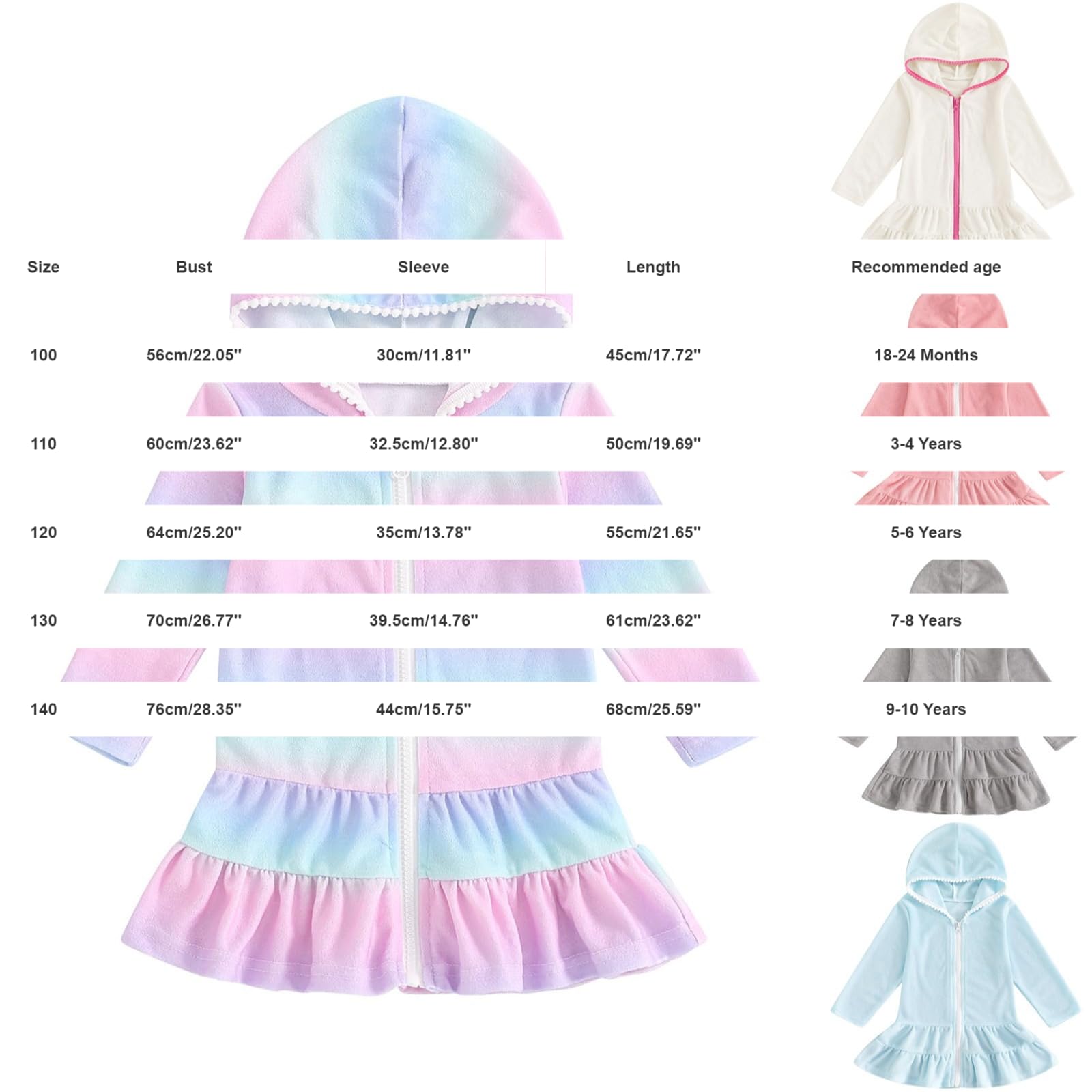 Vestido de baño de manga larga con cremallera y capucha para niñas, para cubrir el traje de baño con volantes, para piscina, playa, toalla de rizo