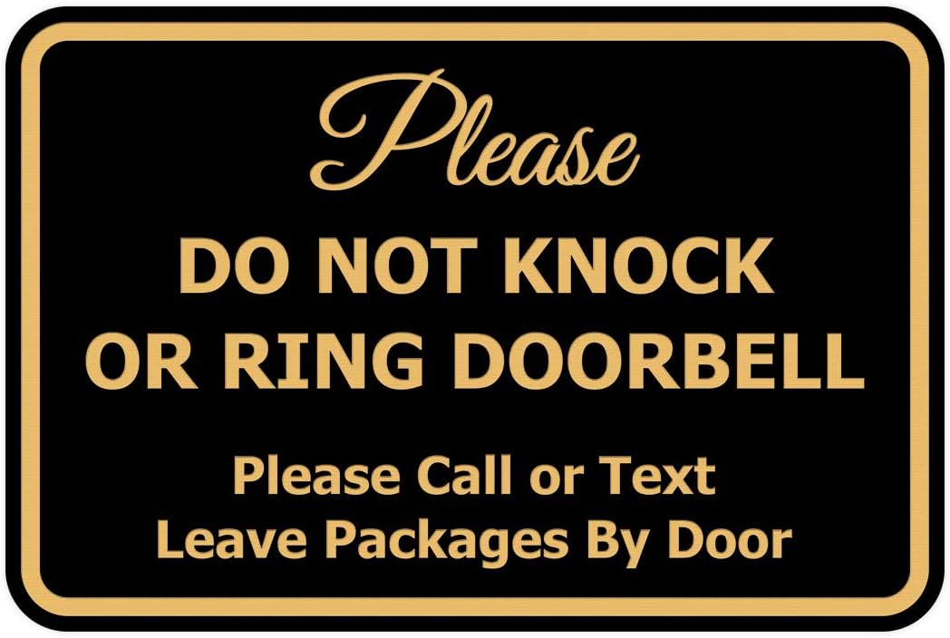 Signs ByLITA Classic Framed Please Do Not Knock Or Ring Doorbell Wall or Door Sign - Easy Installation | Mail Delivery Instruction | Do Not Disturb (Black Gold) - Medium 5 Pack