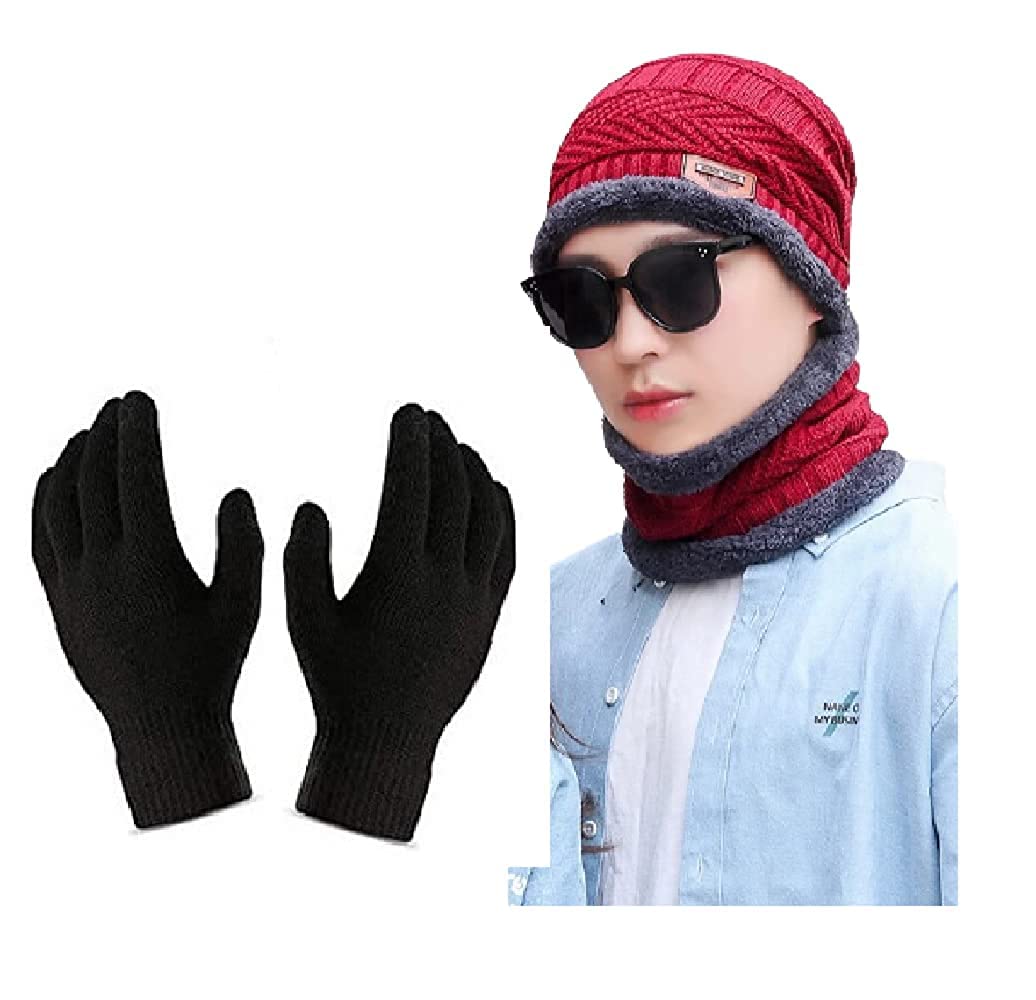 Winter Knit Beanie Cap Hat Neck Warmer Scarf and Woolen Gloves Set Skull Cap for Men Women/Winter Cap for Unisex Red Color Combo of 3 Piece Beanie Winter Cap (EV33)-image-0