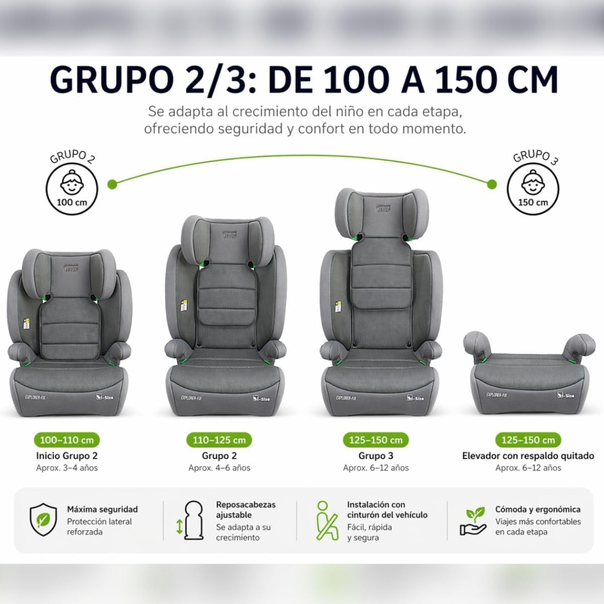 First Step Explorer Fix Silla Coche Niño i-Size (100-150 cm), Grupo 2/3 ISOFIX, Reposacabezas 13 Posiciones, Reclinable, Protección Lateral SPS, De 3,5 a 12 Años, Convertible en Alzador, Gris