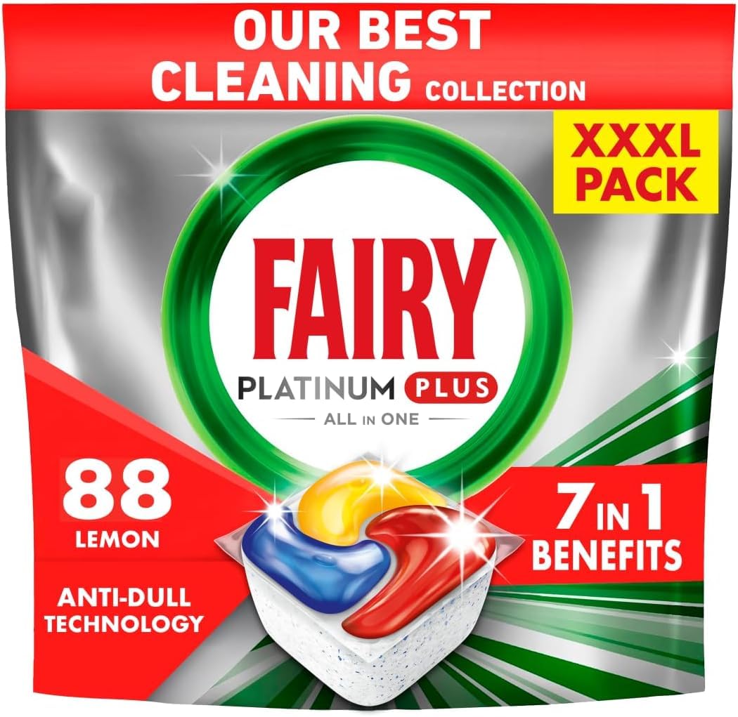 Fairy Platinum Plus - Pastillas para lavavajillas todo en uno, 88 unidades, fragancia a limón, brillo y prevención de piedra