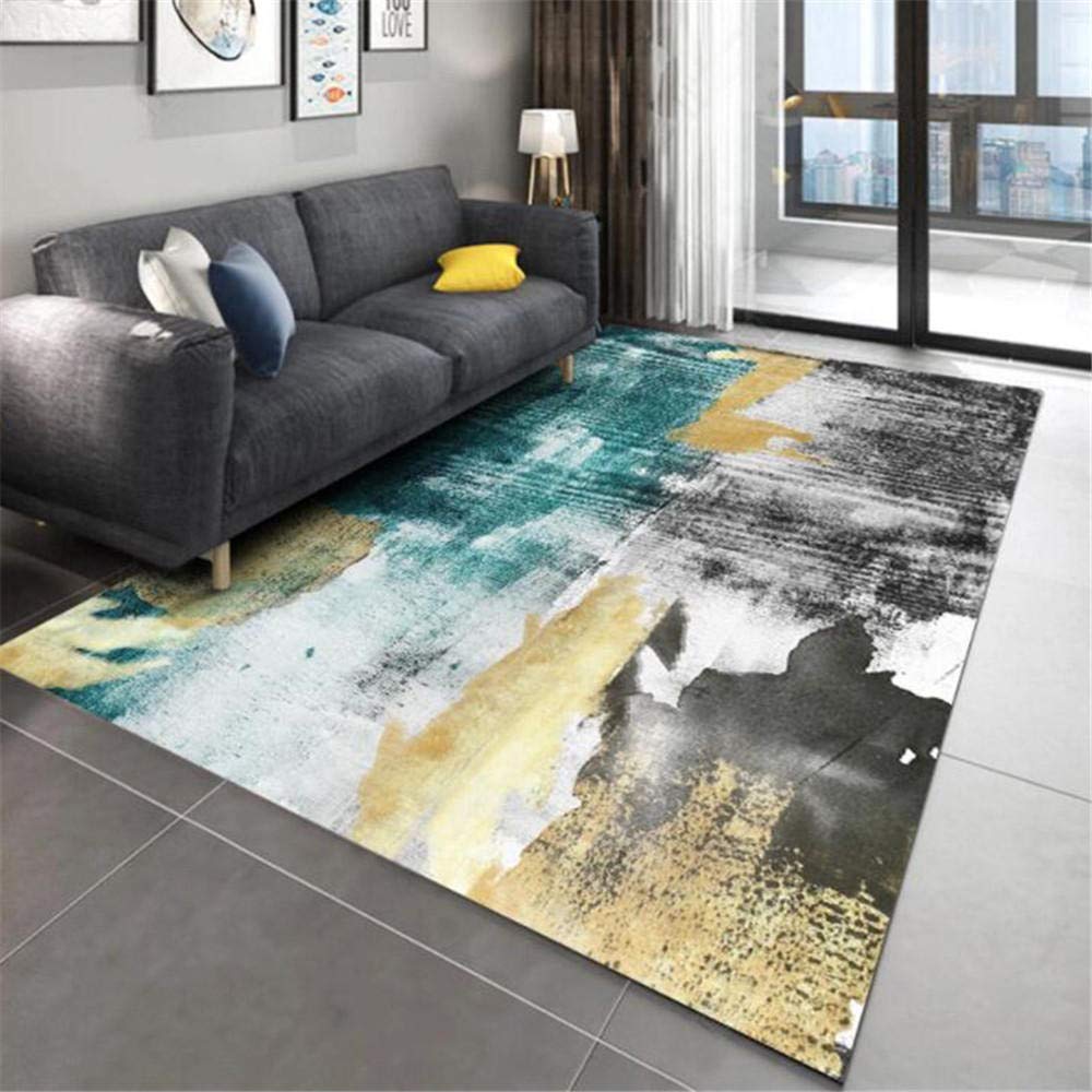 Grand tapis vert jaune encre aquarelle 160x230cm pour salon