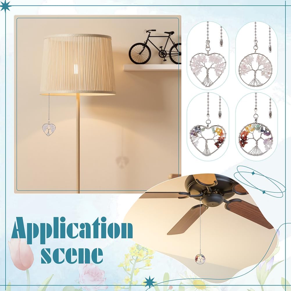 BENECREAT 4Pcs Tree of Life Gemstone Ceiling Fan Pull Chain Extenders, Colorful Alloy & Chakra Floor Lamp Extension with 304 Stainless Steel Ball Chain for Table Lamp Light Decoration