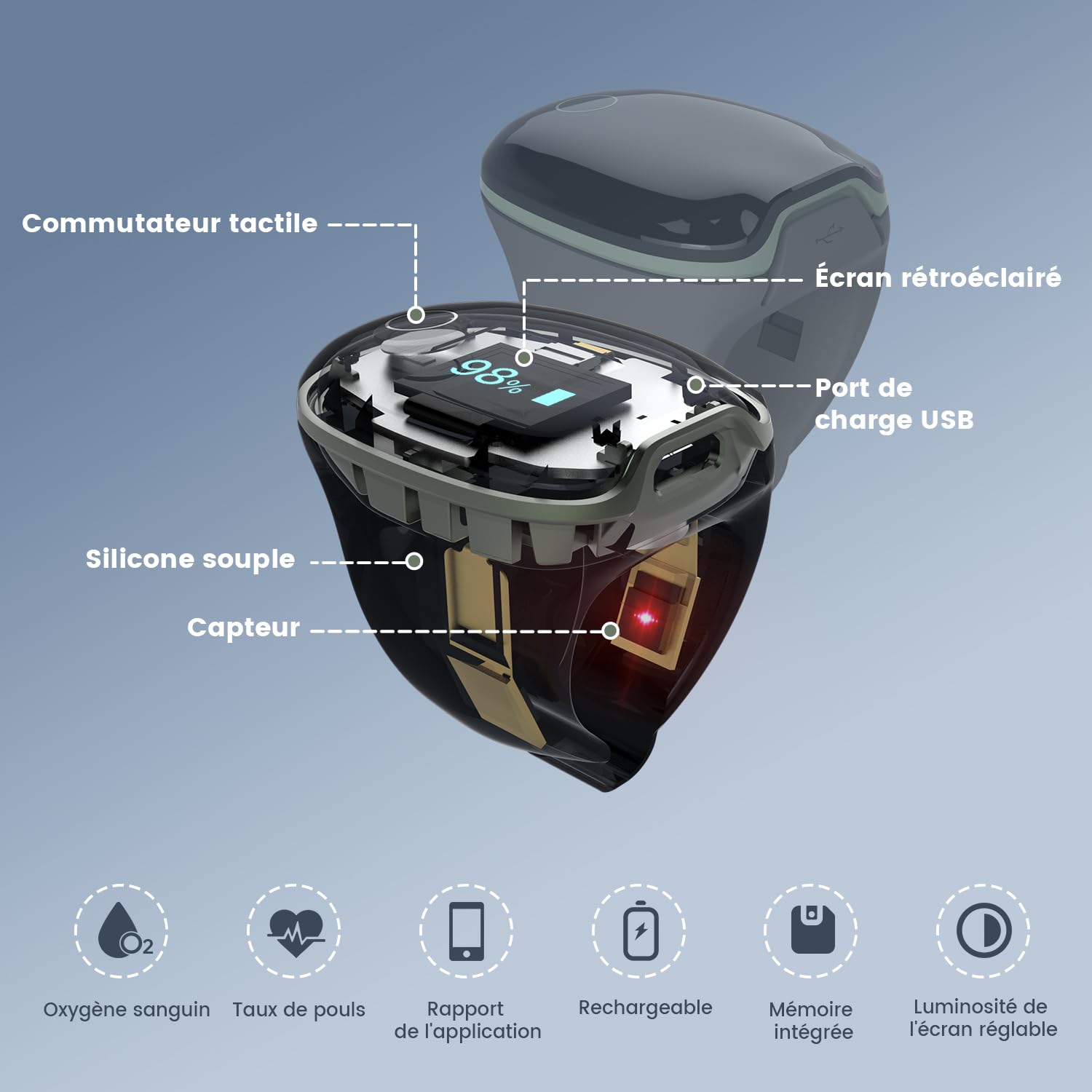 ViATOM O2ring oxymètre Bluetooth, oxymètre de pouls au bout des doigts pour une surveillance continue la nuit, oxymètre de sommeil pour mesurer la SpO2 & la fréquence cardiaque (vert)