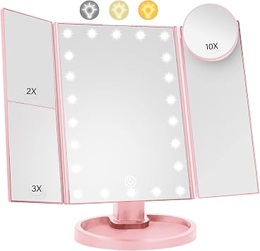 Lighted Makeup Mirror with 22 LED Lights, Dual Power Supply 1x/2x/3x/10x Magnifying Touch Screen Dimmable Mirror, 180 Degree Adjustable Angle, Travel Cosmetic Mirror - Pink