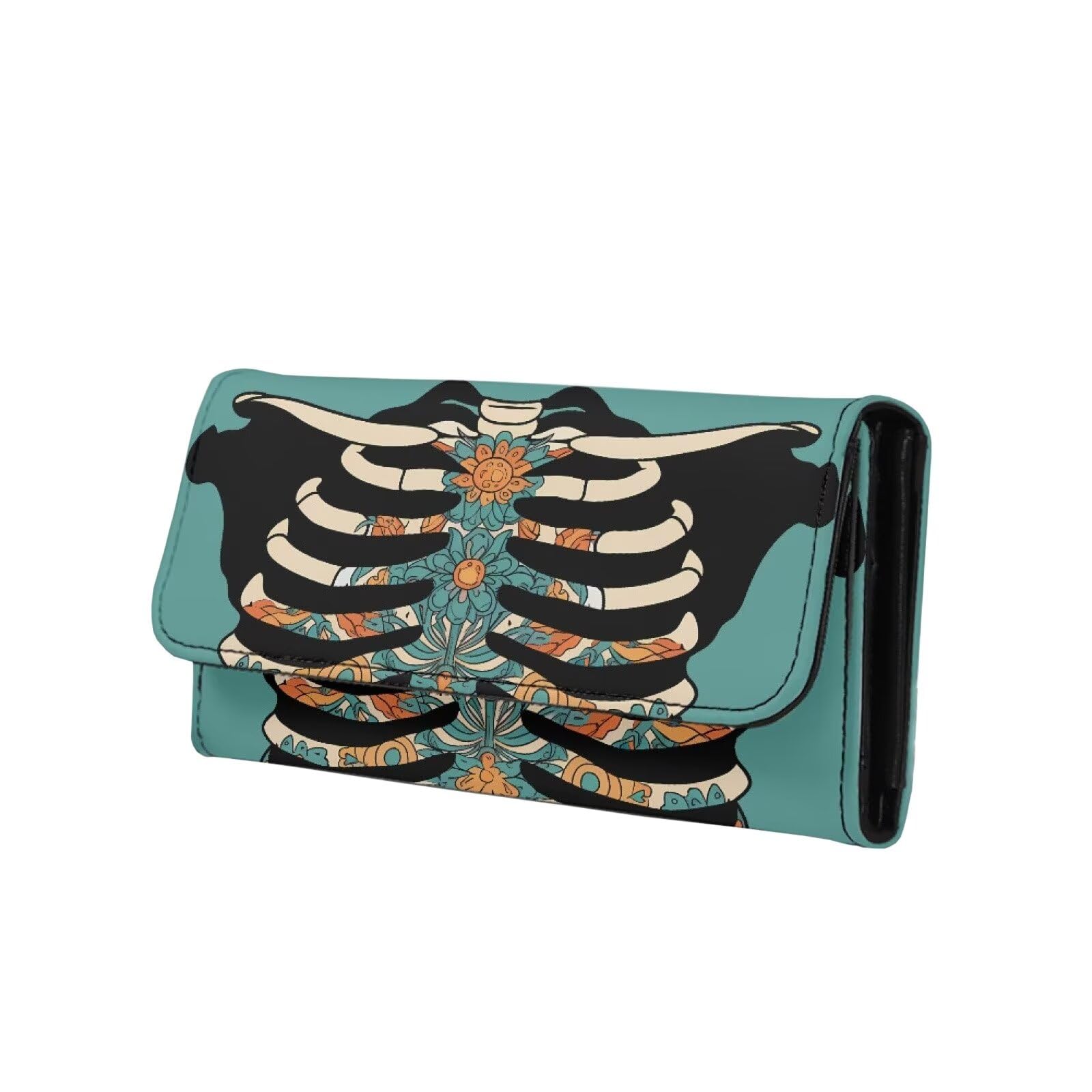 Jolamirel Boho Floral Skeleton Long Wallet Women Faux Leather Slim Clutch Purse Wallet, Bohemia Mandala Skeletons Print Zipper Phone Organizer Ladies