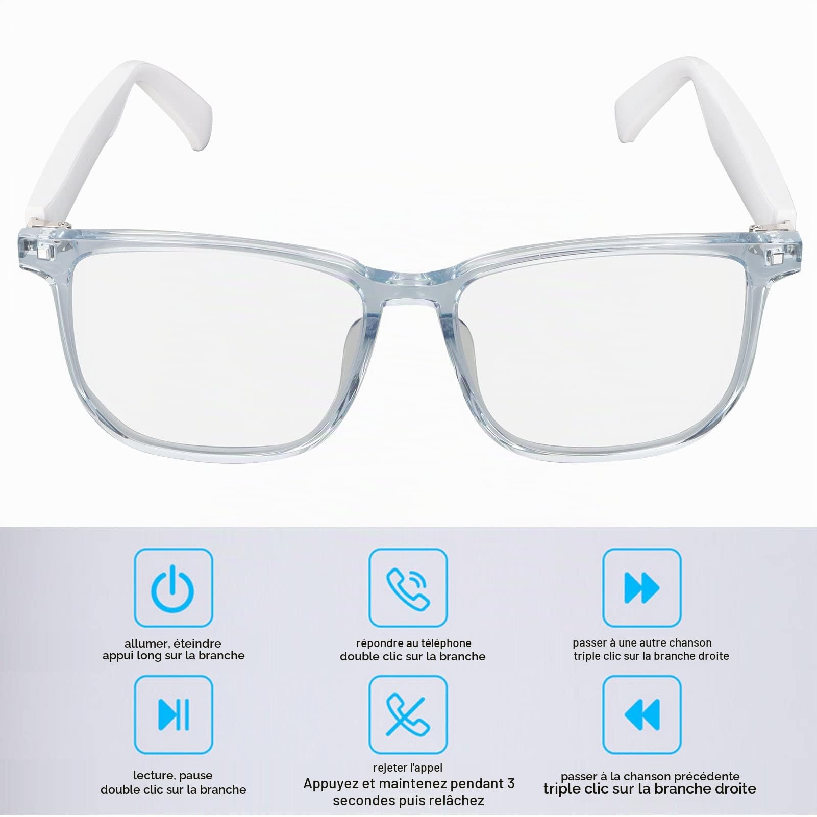ASHATA Lunettes Bluetooth, Lunettes de étanches IP65, Lunettes de Musique sans Fil à Commande Tactile électronique avec écouteurs à Moitié Ouverts pour Les Jeux, Les Réunions, Les