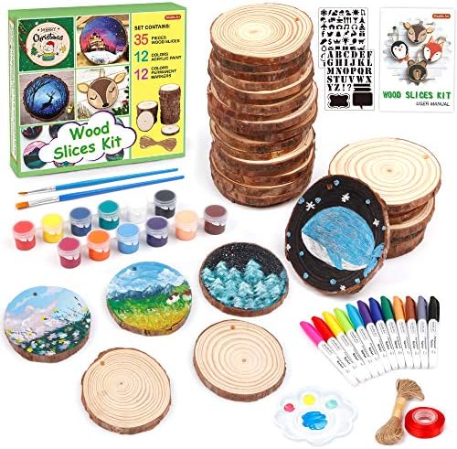 69 Pack Natural Wood Slices Kit, Shuttle Art 35 PCS 6-7cm Unfinished Wooden Slices with Predrilled Hole, Acrylic Paint, Permanent Markers, Wooden Circles for DIY Crafts, Christmas Decoration Ornaments