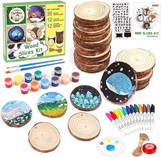 69 Pack Natural Wood Slices Kit, Shuttle Art 35 PCS 6-7cm Unfinished Wooden Slices with Predrilled Hole, Acrylic Paint, Permanent Markers, Wooden Circles for DIY Crafts, Christmas Decoration Ornaments